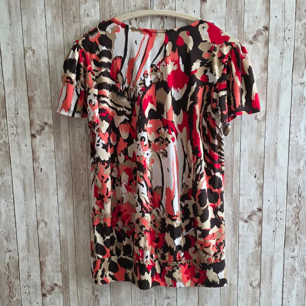Women's Harve Benard Abstract V-Neck Blouse Red Brown Size S